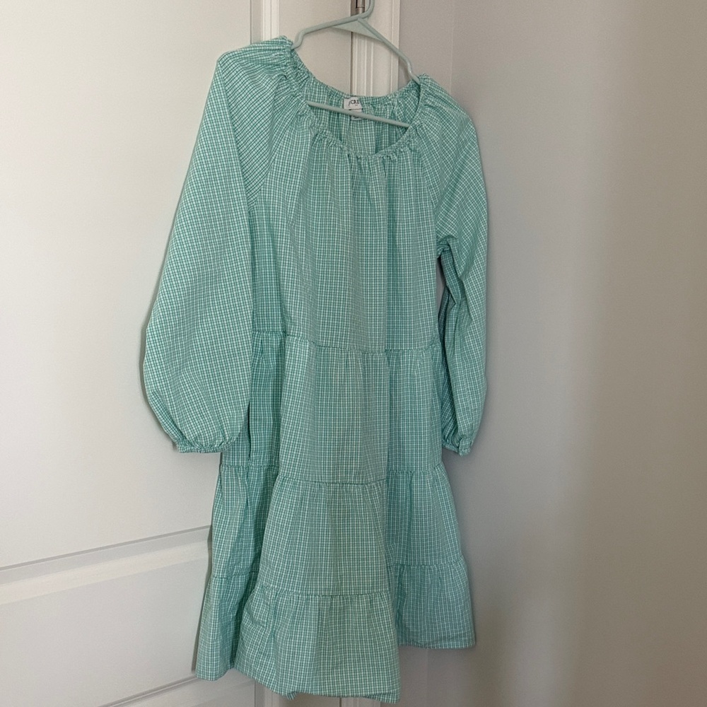 Women’s small Mint Green Check Tiered Long-Sleeve Dress